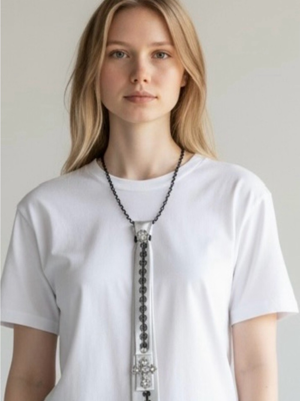 Long Gray/Black Beaded Necktie Necklace - Women Jewelry